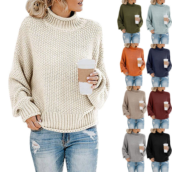 Solid Turtleneck Pullover Sweater Winter Fashion Casual Knitted Long-Sleeved Top Women&