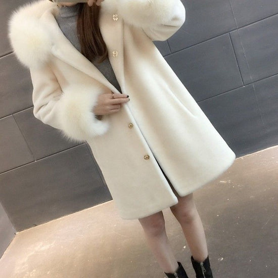 Hooded fox wool sheep sheared fur coat jacket