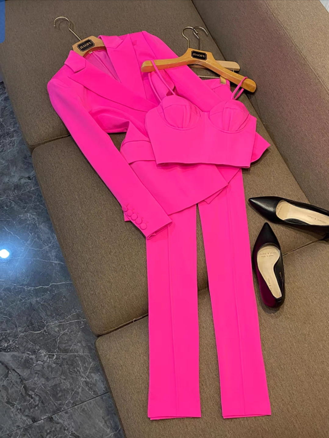 Ensemble Tailleur 3 pièces Femme -Blazer ,Crop Top &Pantalon