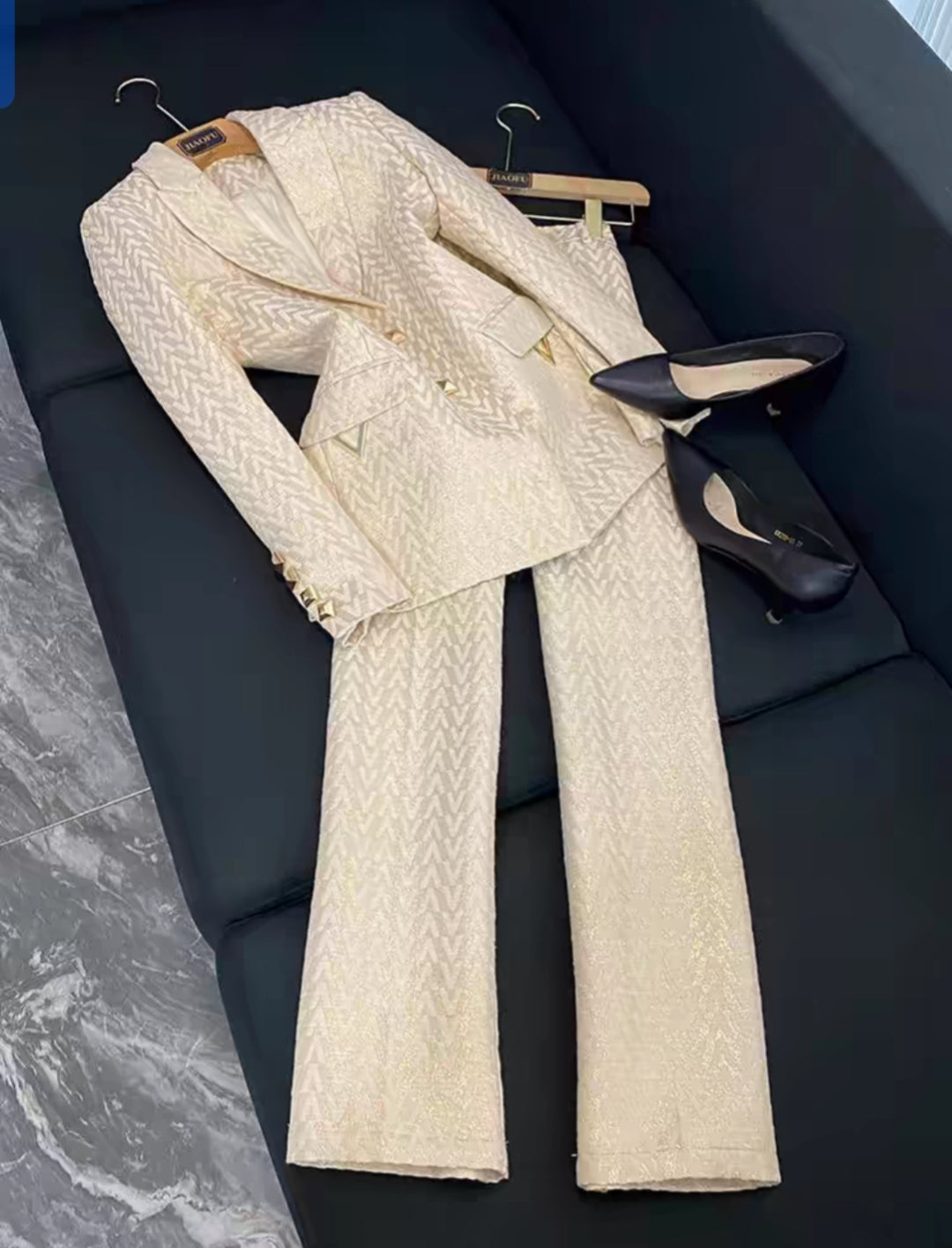 ENSEMBLE TAILLEUR  FEMME CHIC DORE 2 PIECE PANTALON & VESTE