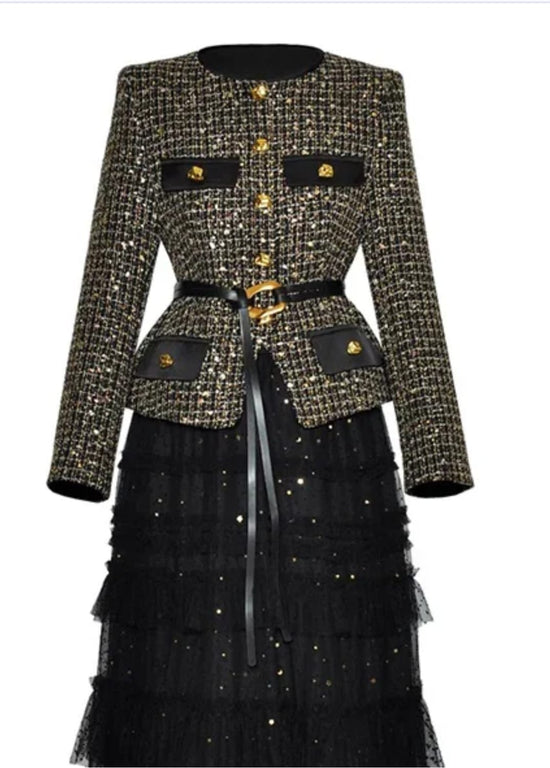 Ensemble manteau a lacet plus jupe en maille élégant