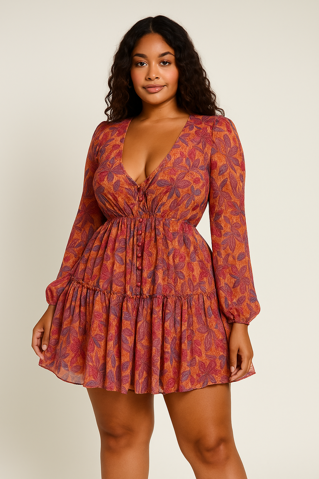 ROBE COURTE BOHEME IMPRIME FEUILLAGE  MANCHE LONGUE ET DECOLLETE PLONGEANT MAGIKSTYLE