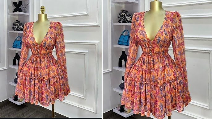 ROBE COURTE BOHEME IMPRIME FEUILLAGE  MANCHE LONGUE ET DECOLLETE PLONGEANT MAGIKSTYLE